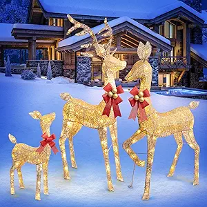 Photo 1 of 3Pcs Large Lighted Reindeer Christmas Decorations, 3D Yard Deer Decor Family Set for Indoor or Outdoor Yard Art- with 210 Warm White LED Lights,Ground Stakes,Zip Ties