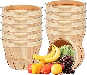 Photo 1 of 10 Pack 7.9 x 5.9 Inch Round Wooden Baskets Empty Fall Harvest Basket Wood Fruit Bucket with Handle Fruits Vegetables Storage Container for Farmer Fruits Vegetables Garden Party Supplies