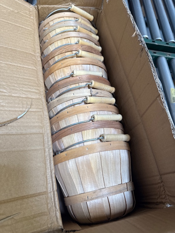 Photo 1 of 10 Pack 7.9 x 5.9 Inch Round Wooden Baskets Empty Fall Harvest Basket Wood Fruit Bucket with Handle Fruits Vegetables Storage Container for Farmer Fruits Vegetables Garden Party Supplies
