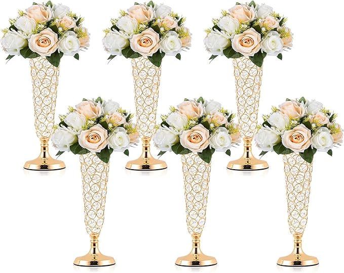 Photo 1 of 6 Pcs Gold Trumpet Vases - Metal Crystal Vase Bulk for Artificial Flowers, Wedding Centerpiece, Home Table Decor,Faux Floral Arrangement Display