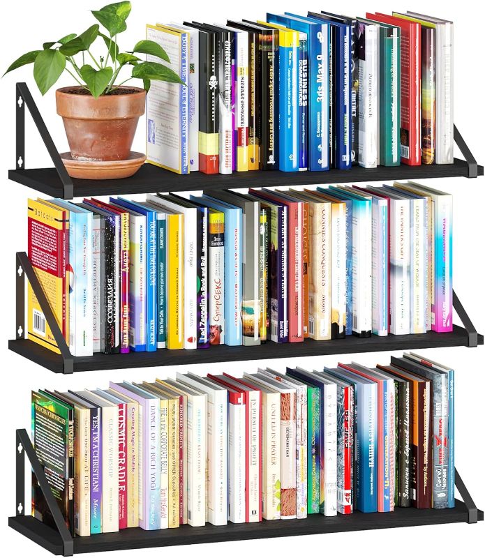 Photo 1 of BAMEOS 24X8 Floating Shelves Rustic Wood Wall Shelf Set of 3,Bookshelf for Living Room, Office, and Bedroom, with Metal Bracket…