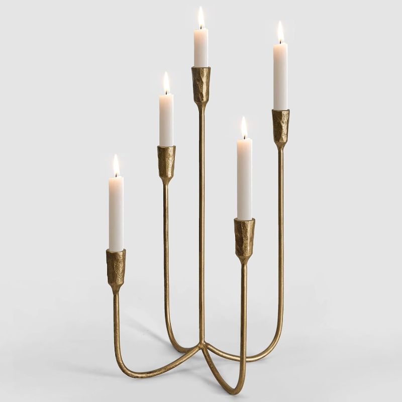 Photo 1 of 5-Candle Cast Iron Metal Candelabra Candlestick Holders 15 inch Tall Candle Holder Wedding Event Candelabra Candle Stand Brass Gold