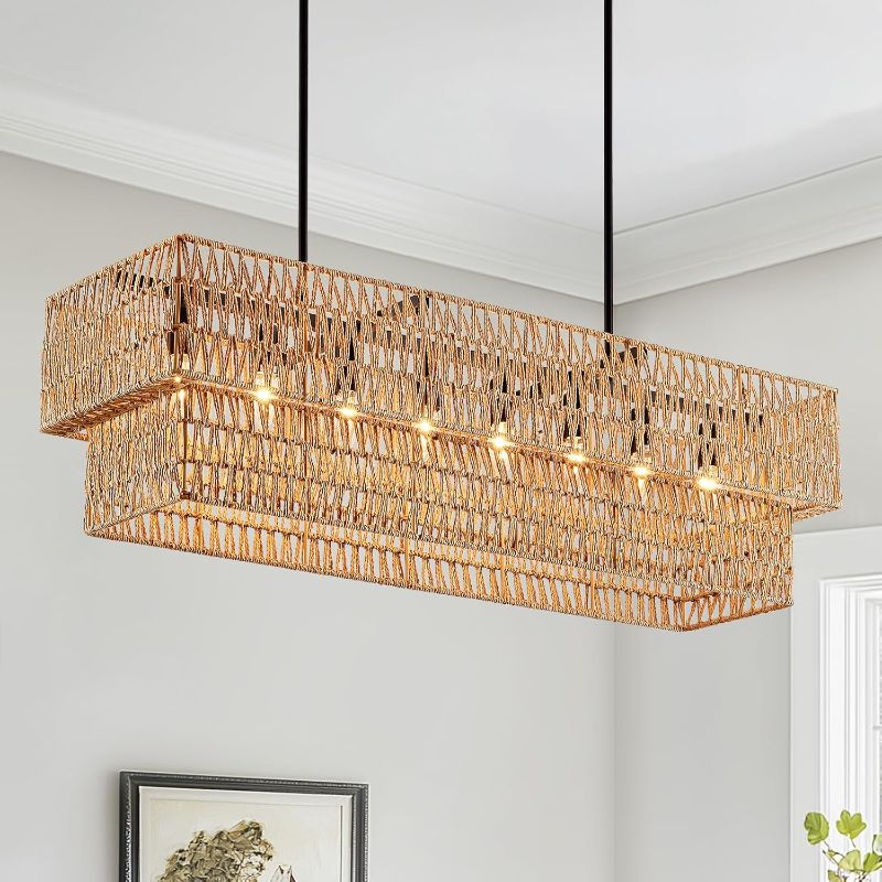 Photo 1 of 40” Hand Woven Rattan 8-Light Chandeliers for Dining Room, 2 Layer Boho Linear Chandelier Rectangle Rustic Pendant Light Fixture for Kitchen Island Bar Living Room