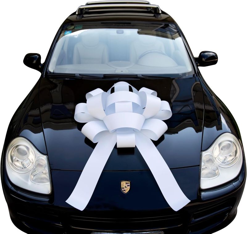 Photo 1 of 30" Giant Car Bow - White | Big Gift Wrapping Bow with Non Scratch Magnet Base for Large Gift Decoration, Weather Resistant and Waterproof Vinyl Magnetic Big Car Bow