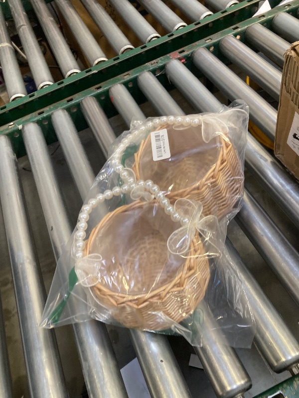 Photo 1 of 2 PCS Wicker Rattan Flower Girl Basket Wedding Flower Girl Basket with Pearl Handle and Bow Fairy Flower Basket Handwoven Easter Basket Wicker Basket for Wedding Flower Girl(Brown)