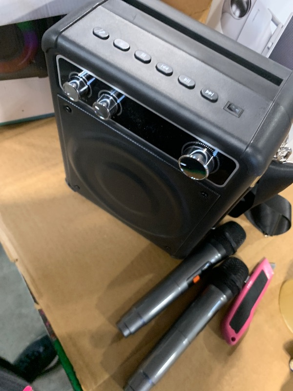 Photo 1 of *****MISSING CHARGIN CABLE******VOSOCO Karaoke Machine, Portable Bluetooth Karaoke Speaker with 2 Wireless Microphones, PA System for Adults Kids with LED Lights & Echo Adjustment, Supports TWS/TF/USB/AUX for Home Party
