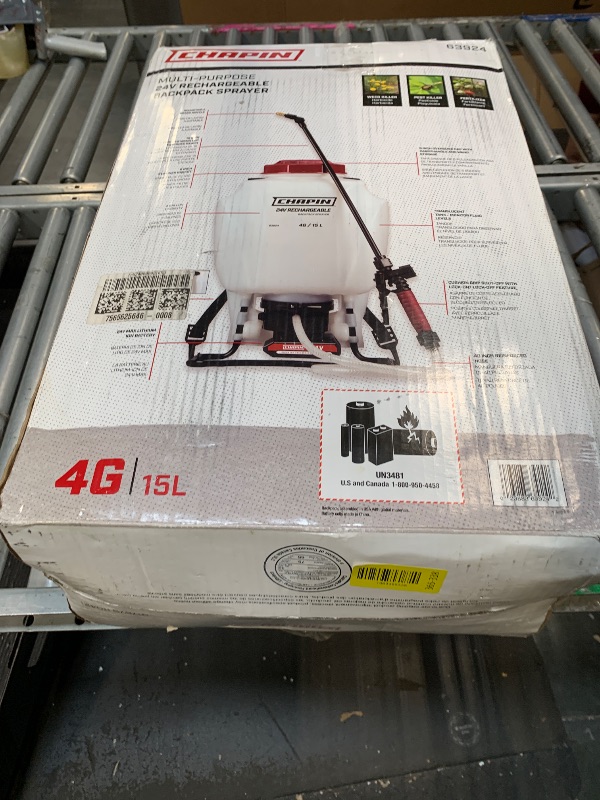 Photo 1 of ***MISSING PARTS*** Chapin 63924 Backpack Sprayer, 4?Gallon 24V Battery?Powered, Translucent Poly Tank, 6" Wide?Mouth Opening, 3?Stage Filtration & Adjustable Brass/Poly Nozzles for Fertilizer, Weed & Pest Applications