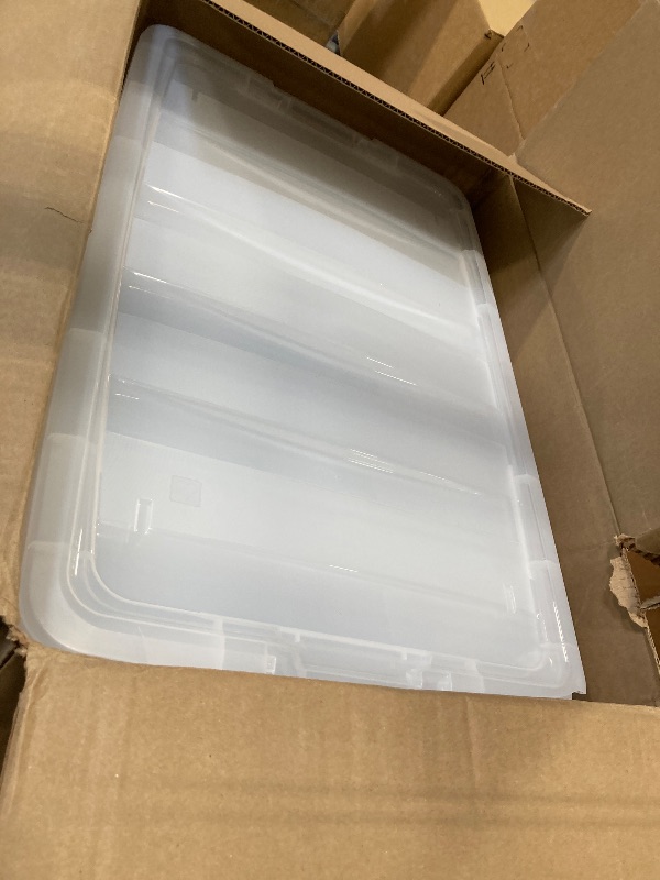 Photo 1 of **MAJOR DAMAGE**
IRIS USA 72 QT Plastic Storage Box with Lid and Latches - 4 Pack - BPA-Free, See-Through Organizing Solution, Durable Nestable Stackable Containers, Secure Pull Handle - Clear