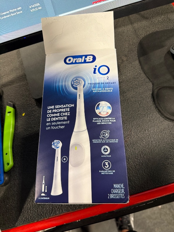 Photo 1 of **UNTESTED**
Oral-B Rechargeable Electric Toothbrush, iO2 Starter Kit, 3 Cleaning Modes, Automatic Pressure Sensor to Protect Gums, 2 Brush Heads, Pure White