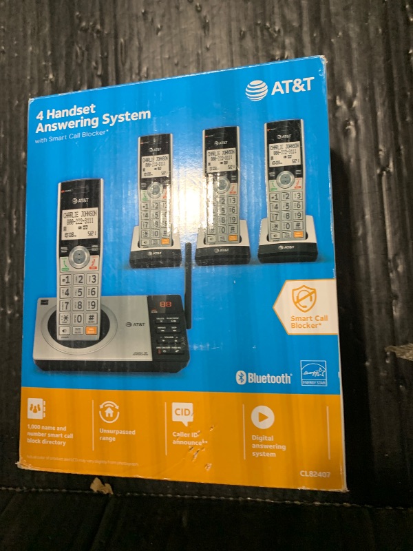 View 5 of ***MISSING PARTS*** AT&T CL82407 DECT 6.0 4-Handset Cordless Phone with Smart Call Blocker, Answering Machine, Caller ID Announce, Long Range, Expandable, Silver/Black
