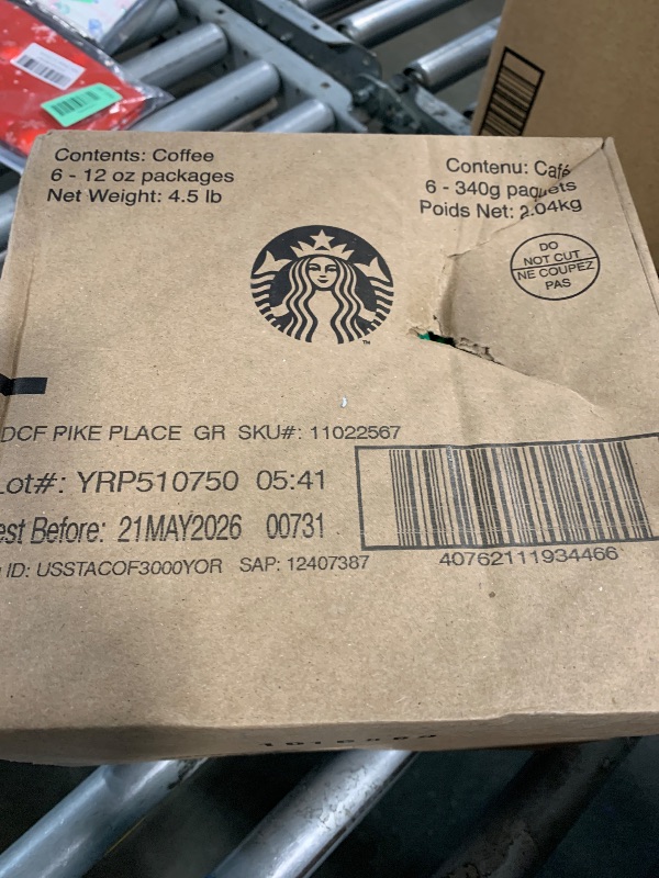 View 2 of **BEST BY 5/21/26**
Starbucks Ground Coffee, Medium Roast Hot or Iced Coffee, Decaf Pike Place Roast, Six 12 oz Bags?