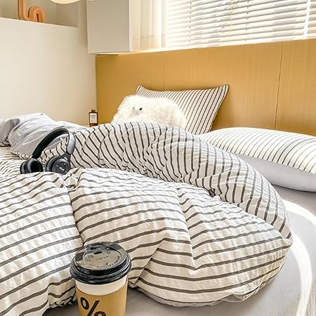 Photo 1 of *****************SIMILAR************** Washed Cotton Duvet Cover Set, Simple Striped Cotton Bedding 4 Pieces Sets, Soft Breathable Queen Zipper Closure, Include 1 Duvet Cover and 2 Pillowcases(Gray 1,Queen)
