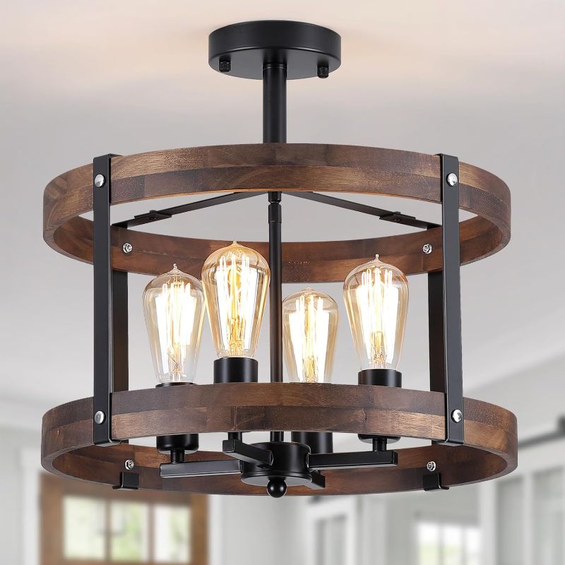 Photo 1 of 
4-Light Large Rustic Farmhouse Flush Mount Ceiling Light Fixture 16.5 inch Oak Wood Round Drum Semi Flush Mount Ceiling Light for Bedroom Hallway Entry Dining Farmhouse Living Room, Black
