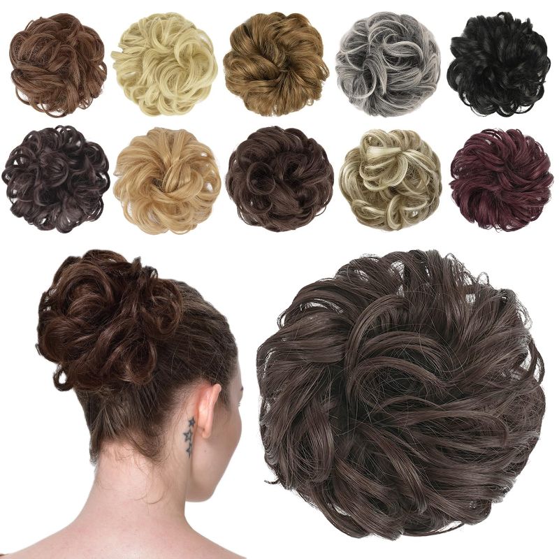 Photo 1 of **one pc**FESHFEN Messy Bun Hair Piece - Wavy Synthetic Chignon Scrunchies for Instant Volume, Elastic Bun Ponytail Hair Extensions Thick Hairpieces for Women, Ash Brown & Blonde 1.50 oz