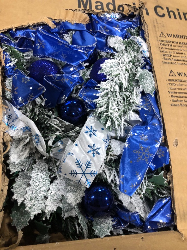 Photo 1 of [ 8 Modes & Timer ] 6Ft Prelit Full Pop Up Flocked Pencil Christmas Tree with 200 Warm White LED Lights, Balls, Blue & White Ribbon, Bows, Plug in Collapsible Xmas Tree Outdoor Indoor Christmas Decor