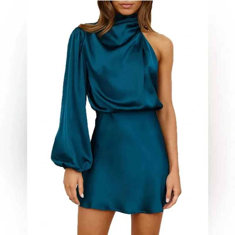 View 1 of *******SIMILAR***** ZTMZA Cocktail Dresses for Women Long Sleeve Satin Short Formal Dress Elegant Mock Neck Silk Wedding Party Mini Dresses Peacock Blue, XX-Large