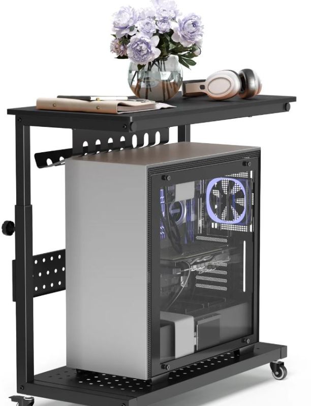 Photo 1 of  Garvee 28" Computer Tower Stand, 2-Tier 11 Level Height Adjustable PC Stand with Line Storage Rack, Mobile Rolling CPU Holder, Perfect for Office, Laptop Desk(22.83"-34.1"), Rustic Black
