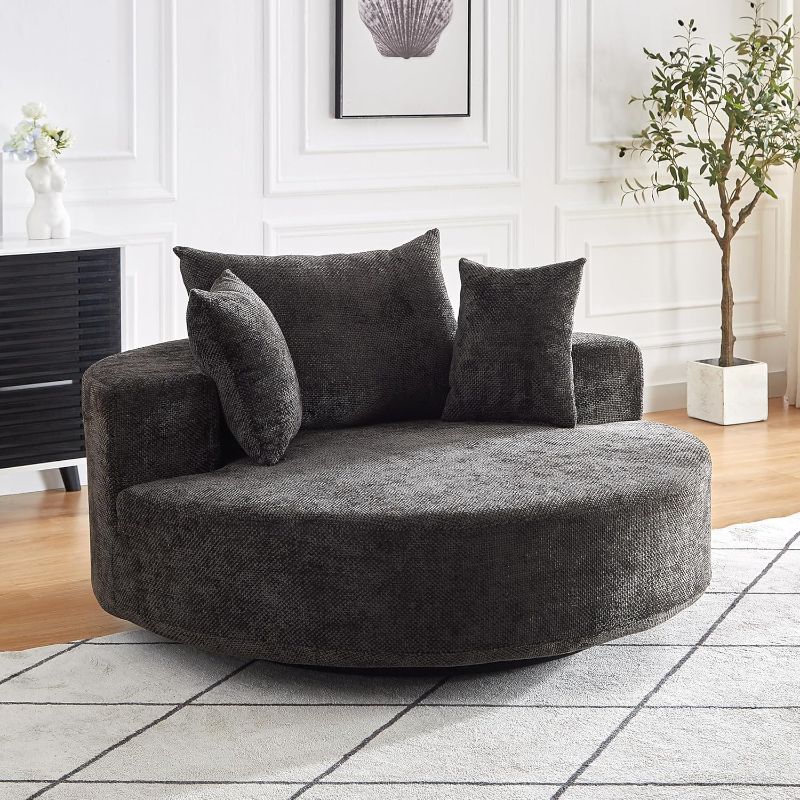 Photo 1 of 55''L Chenille Foam Single Swivel Chair, Wide Armrest Lounge Chair, Fluffy Modern Sleeper, 360 Degree Swivel Chair for Living Room, Bedroom, Lounge and Projection Room (Black) (PILLOWS NOT INCLUDED)