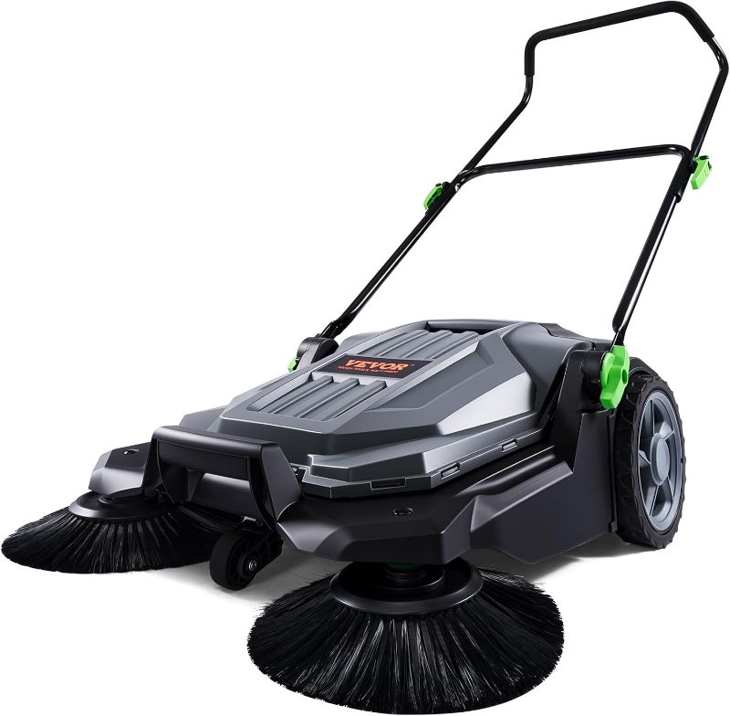 Photo 1 of VEVOR Walk-Behind Hand Push Floor Sweeper, 25.6" Sweeping Width Floor Sweeper Manual Non-Electric, 5-Gallon Waste Container, Angle & Height Adjustable Folding Handle for Walkway, Yard, Garage, Patio
