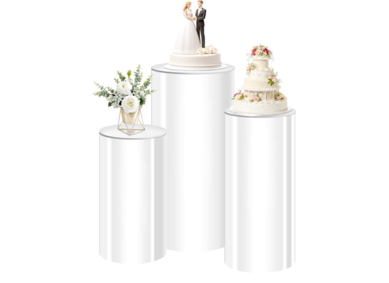Photo 1 of MACIFECI White Cylinder Stands for Party, White Pedestal Stand, Cylinder Pedestal Stand for Wedding Party Baby Show Decor 35.4'' 29.5''23.6''