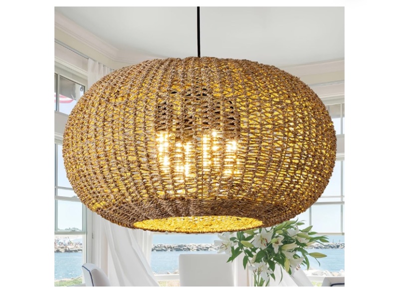 Photo 1 of 22.83in Large Rattan Chandelier Boho Wicker Hand Woven Pendant Light Farmhouse Ceiling Hanging Lighting Fixture for Living Room Kitchen Island Dining Room Hallway, 4-Lights