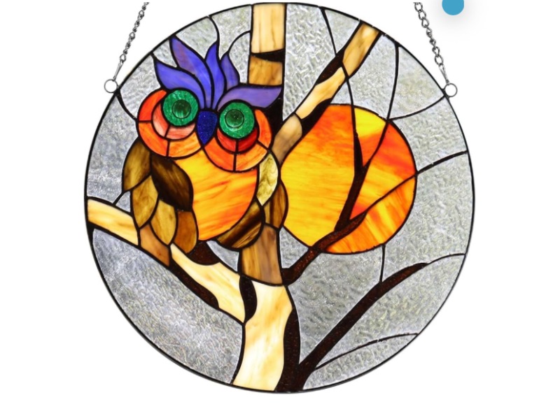 Photo 1 of Bieye W10062 Owl in a Bare Tree Tiffany Style Stained Glass Window Panel with Chain, Round Shape, 16-inch Wide