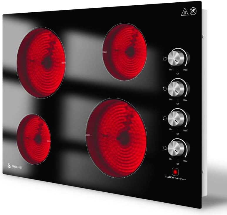 Photo 1 of AMZCHEF 30 Inch Electric Cooktop, Built-in with 4 Burners Max 7000W with 30" Glass Ceramic Cook Top,Knob control, Hot Surface Indicator,220V - 240V Hard Wire, No Plug
