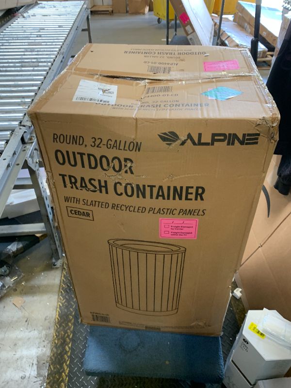 Photo 1 of Alpine 32 Gallon Commercial Outdoor Trash Can – Open Top All-Weather Garbage Can with Leak-Proof Stainless Steel Liner, Floor-Mount Ready for Parks, Schools & Public Spaces (Flat Lid - Cedar)