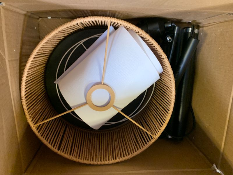 Photo 1 of ?Upgraded?Dimmable Boho Floor Lamp for Living Room, Modern Swing Arm Floor Lamp with Rattan & Fabric Shades, Black Rattan Standing Lamp with 11W Bulb, Farmhouse Adjustable Tall Lamp for Bedroom Office NO LIGHT BULB