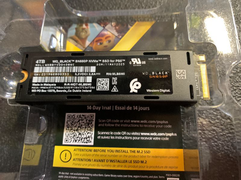 Photo 1 of POSSIBLY DAMAGED
WD_BLACK 4TB SN850P NVMe M.2 SSD Officially Licensed Storage Expansion for PS5 Consoles, up to 7,300MB/s, with heatsink - WDBBYV0040BNC-WRSN,Black
