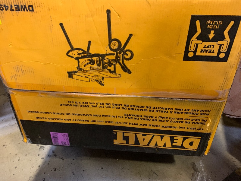 Photo 1 of DEWALT Table Saw 10 Inch with Foldable Rolling Table Saw Stand, 15 Amp, 4800 RPM, 32-1/2-Inch Rip Capacity (DWE7491RS)