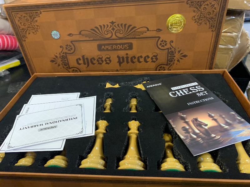 Photo 1 of AMEROUS High Polymer Weighted Chess Pieces with 4.25'' King - 2 Extra Queens - Gift Package, Standard Tournament Chessmen for Chess Board or Replacement of Missing Pieces (Chess Pieces Only)
