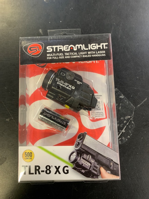 Photo 1 of Streamlight 69434 TLR-8A G Flex 500-Lumen Low Profile Pistol Light with Integrated Green Aiming Laser for Select Handguns, Includes Rear Switches, Mounting Kit, and Keys, Black