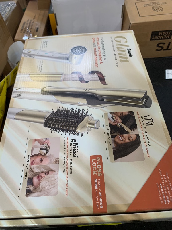 Photo 1 of Shark Glam Ceramic & Powerful Air Styling & Drying System, with Silki Straightener & Shark Glossi Air Glosser, for Drying, Curling, Straightening & Glossing, Gold, HD6051S (Straight & Wavy Hair)
