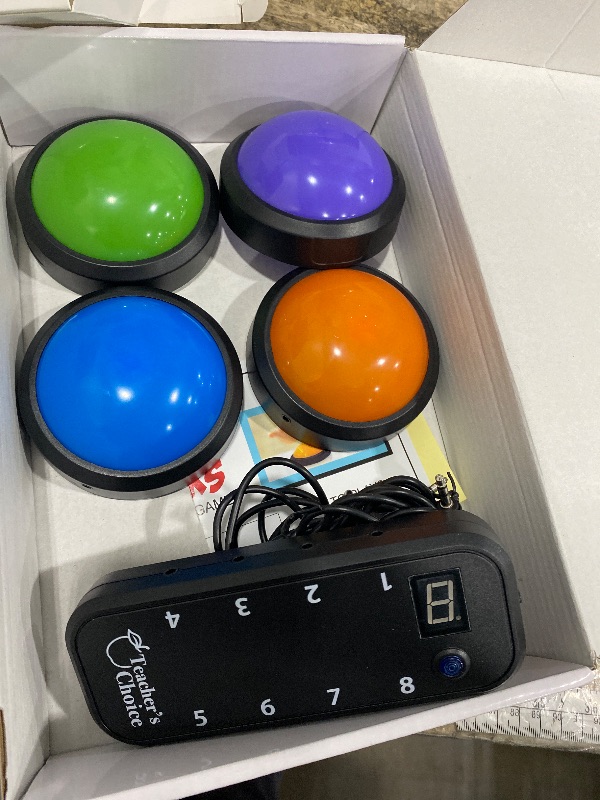 Photo 1 of ***UNTESTED*** Teacher's Choice Light Up Game Buzzer System, Displays The Winning Player Loud, Unique Sounds for Each Buzzer, Great for Trivia Games, Family Feud, Jeopardy (4 Pack)