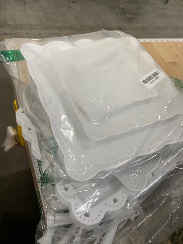 Photo 1 of 10 Pcs Cake Stand White Plastic Dessert Table Display Set 4 Pcs 3 Tired Cupcake Stand Cookie Tray Rack Serving Tray Cake Display Tower and 6 Pcs Dessert Trays for Wedding Baby Shower Tea Party (White)