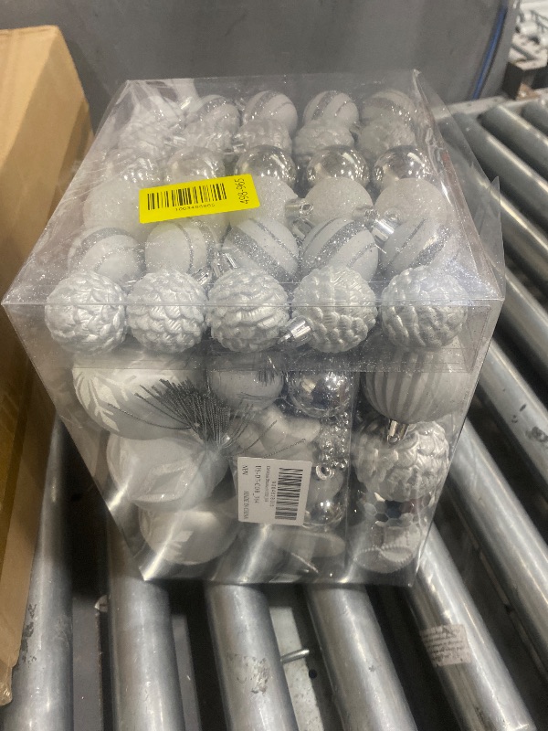 Photo 1 of 100PCS Christmas Ornaments Set Silver & White – Shatterproof Xmas Tree Decorations Balls Kit with Tree Topper Star, Tinsel Garland, Hanging Baubles for Holiday Party Décor Indoor Outdoor