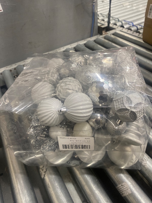 Photo 1 of 100PCS Christmas Ornaments Set Silver & White – Shatterproof Xmas Tree Decorations Balls Kit with Tree Topper Star, Tinsel Garland, Hanging Baubles for Holiday Party Décor Indoor Outdoor