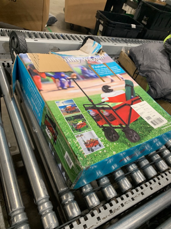 Photo 1 of (missing 1 front wheel) Seina Heavy Duty Steel Compact Collapsible Folding Outdoor Portable Utility Cart Wagon w/All Terrain Rubber Wheels and 150 Pound Capacity, Red/Gray, Large