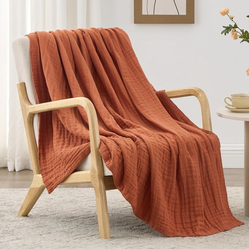 View 1 of (used) Love's cabin 100% Cotton Muslin Blanket, 6 Layer Lightweight Breathable Gauze Twin Size Blanket 60 x 80 Inches, Soft Summer Blanket for Bed or Couch, Orange