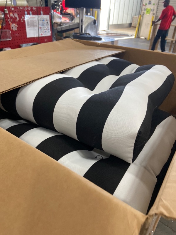 Photo 1 of **ONLY CUSHIONS**Arden Plush Indoor/Outdoor Rocking Chair Cushion Set, 18 x 20, Water Repellent, Fade Resistant, Tufted Cushion for Rocking Chairs Black Cabana Stripe set of 2