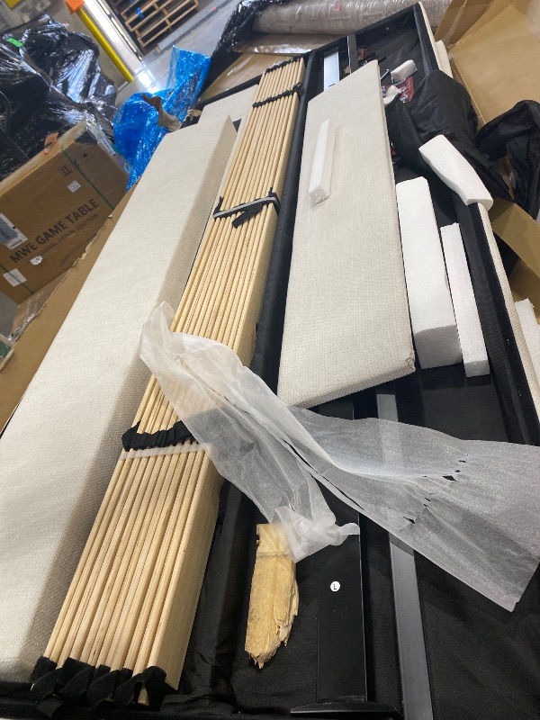 Photo 1 of **MISSING HARDWARE**KEIKI Canvas California King Size Bed Frame, 54" Tall Headboard Upholstered Platform BedFrame with Wingback, Elegant Simplicity, No Box Spring Needed, Solid Oak Wood Feet, Textured Ivory