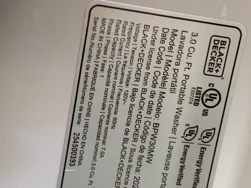 Photo 1 of **SOME MINOR DAMAGE TO CORNER**BLACK+DECKER 3.0 Cu. Ft. Portable Washer, 26.5 lb. Capacity Washing Machine, 6 Cycles, Quick Connect Sink Adapter and Drain Hose Included, Transparent Lid & LED Display, BPW30MW, White