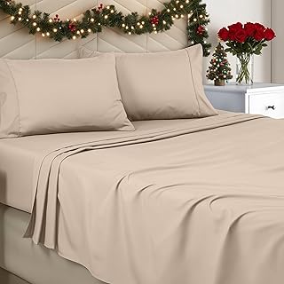 Photo 1 of Bedding STANDARD Sheet Set - Brushed Microfiber - Soft Bed Sheets for Queen Size Bed Set - Includes 1 Fitted, 1 Flat, & 2 Pillow Cases - Deep Pocket (Beige)