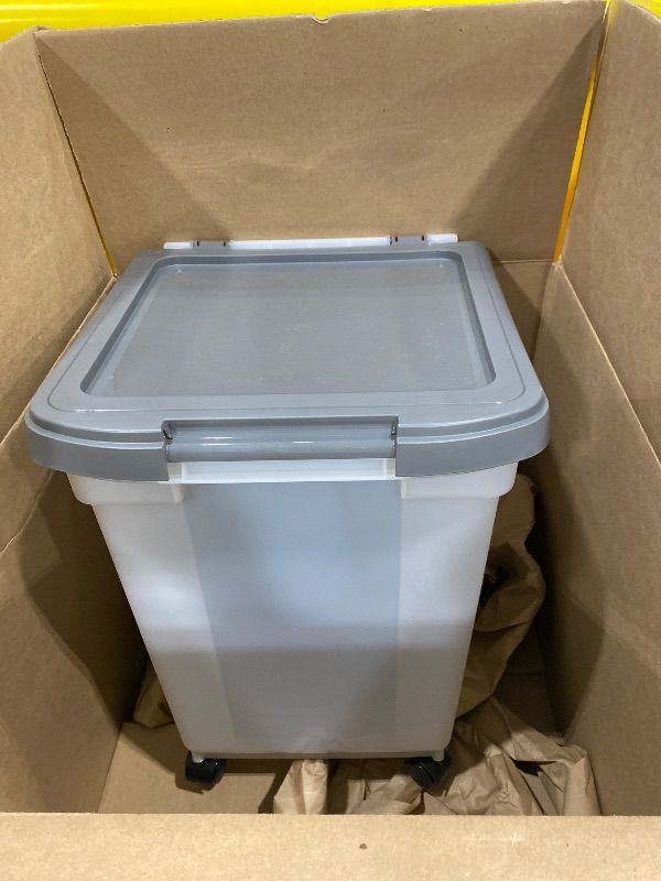 Photo 1 of **LATCH IS MISSING SEE PHOTOS*** IRIS USA Airtight Dog Food Storage Container 25 lbs, Removable Wheels, for Dog Cat Bird and Other Pets, Food Storage Bin, Keep Fresh, Made in USA, Clear/Dark Gray