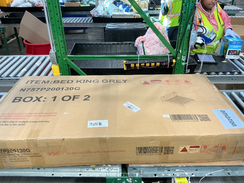 Photo 1 of (SEE NOTES) Merax Upholstered King Bed, with Reading Lamp and USB Port, Wide Velvet Headboard, (Without Bedside Tables and Mattress), Grey