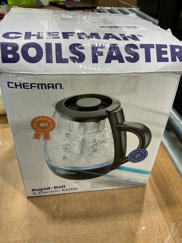 Photo 1 of ***MAJOR DAMAGE*** Chefman Electric Kettle with Tea Infuser, 1L 1500W, Removable Lid for Easy Cleaning, Boil-Dry Protection, Stainless Steel Filter, BPA Free, Auto Shut Off Hot Water Boiler, Small Electric Tea Kettle