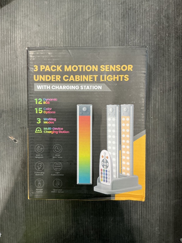 Photo 1 of ***SEE CLERK NOTES*** lexall 3 Pack Under Cabinet Lighting, 60 LED Rechargeable Motion Sensor Light Indoor with Charging Station, Dimmable LED RGB Light Bar, Magnetic Under Counter Lights for Kitchen, Night Safe Light