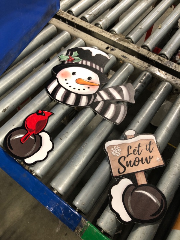 Photo 1 of ** NO ASSEMBLY TOOLS*
Auirre Winter Snowman Cardinal Fence Peeker Yard Garden Signs, Let It Snow Red Bird Tree Topper Ornaments Outdoor Patio Peeking Decor, Striped Scarf Gloves Indoor Home Christmas Tree Decoration
