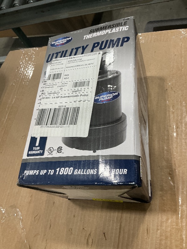 Photo 1 of **UNTESTED**
Superior Pump 91250 1800GPH Thermoplastic Submersible Utility Pump with 10-Foot Cord, 1/4 HP
